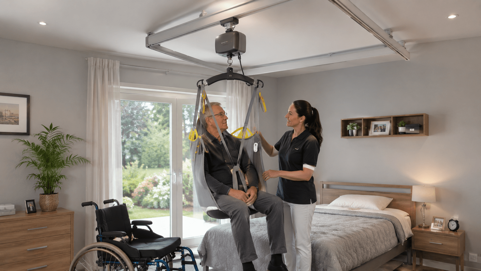 Pflegerin hilft einem Senior mit einem Deckenlift aus dem Bett