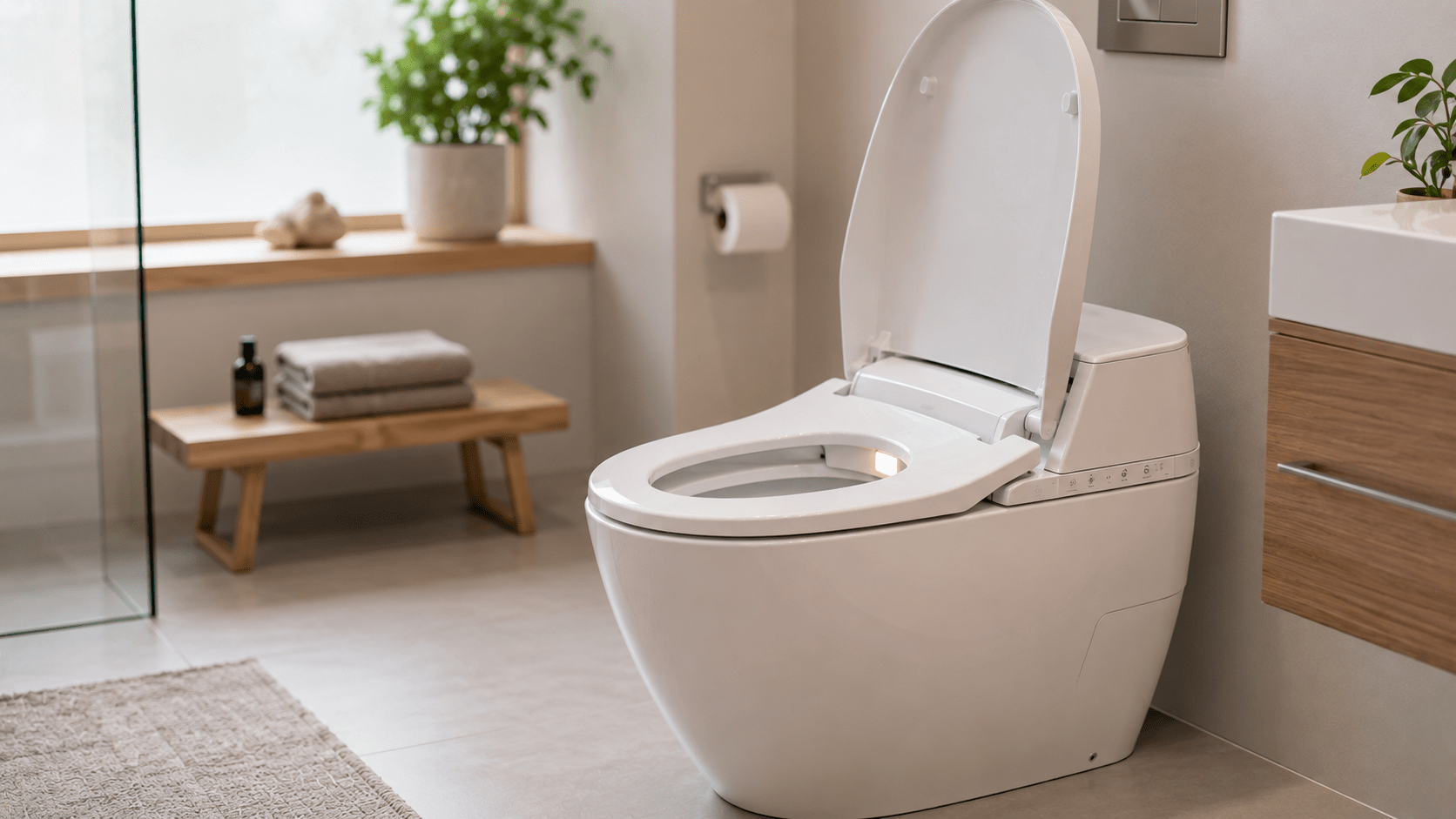 Dusch-WC mit geöffnetem Deckel in einem modernen Badezimmer