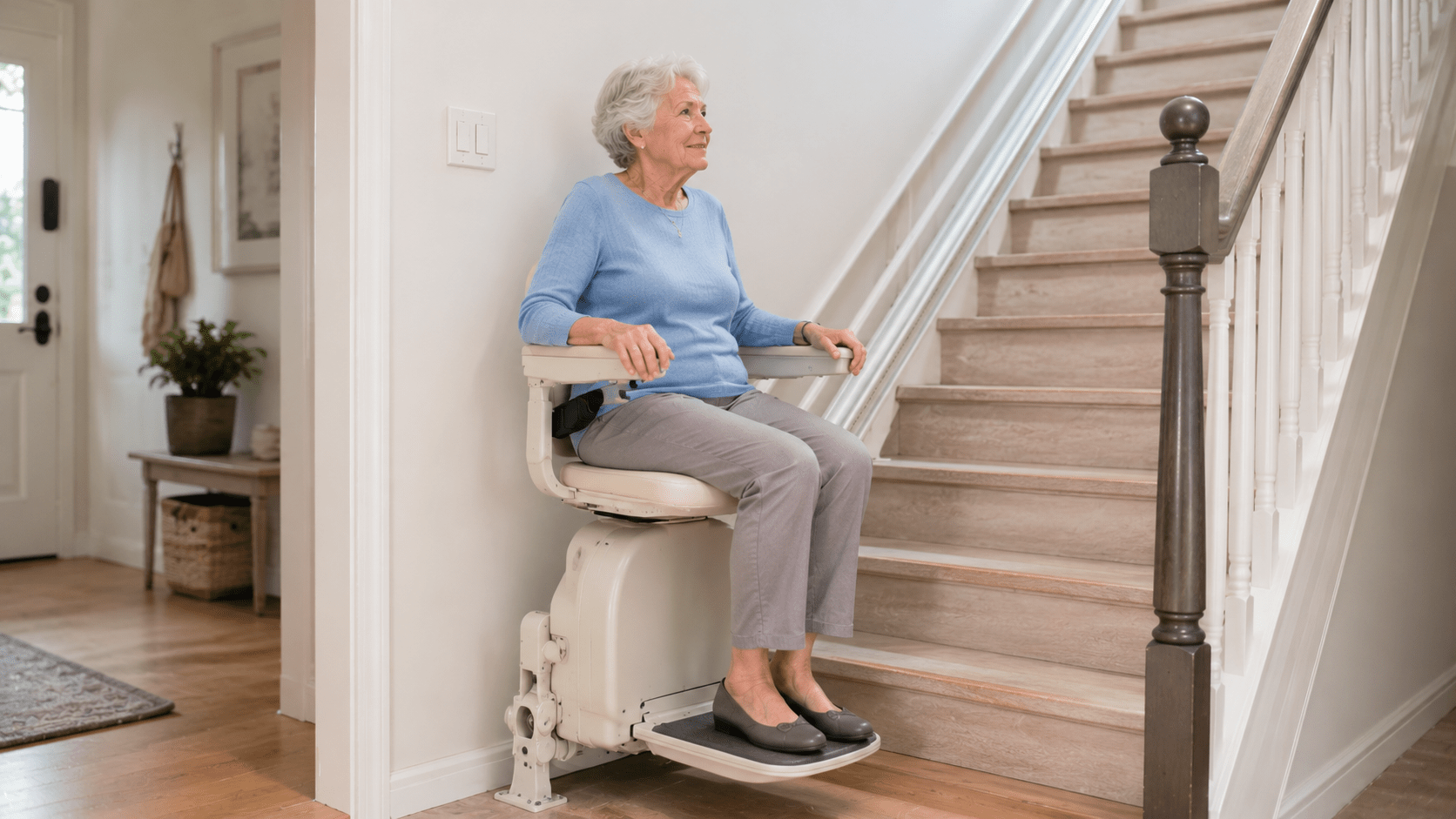 Seniorin auf einem Treppenlift an einer Holztreppe mit weißem Geländer