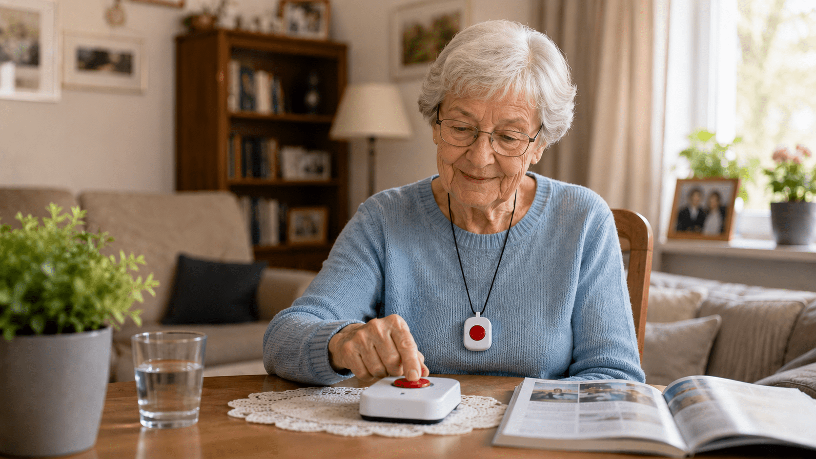 Seniorin mit Notrufanhänger am Tisch neben einem Hausnotrufgerät