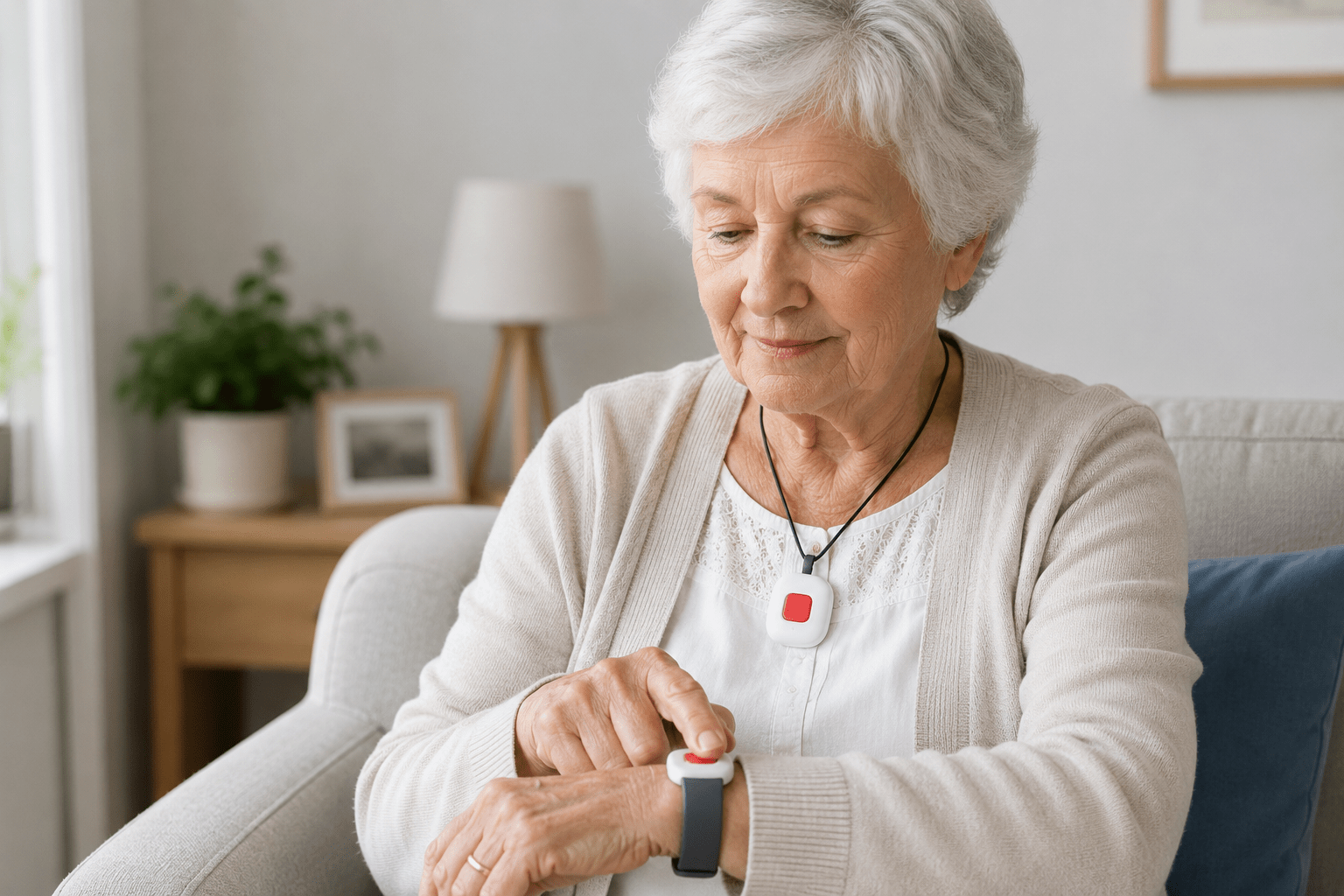 Seniorin mit Notrufanhänger und Smartwatch auf dem Sofa