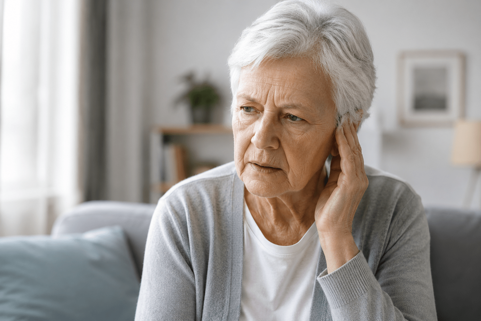 Besorgte Seniorin hält sich die Hand ans Ohr – Symbolbild für Hörsturz
