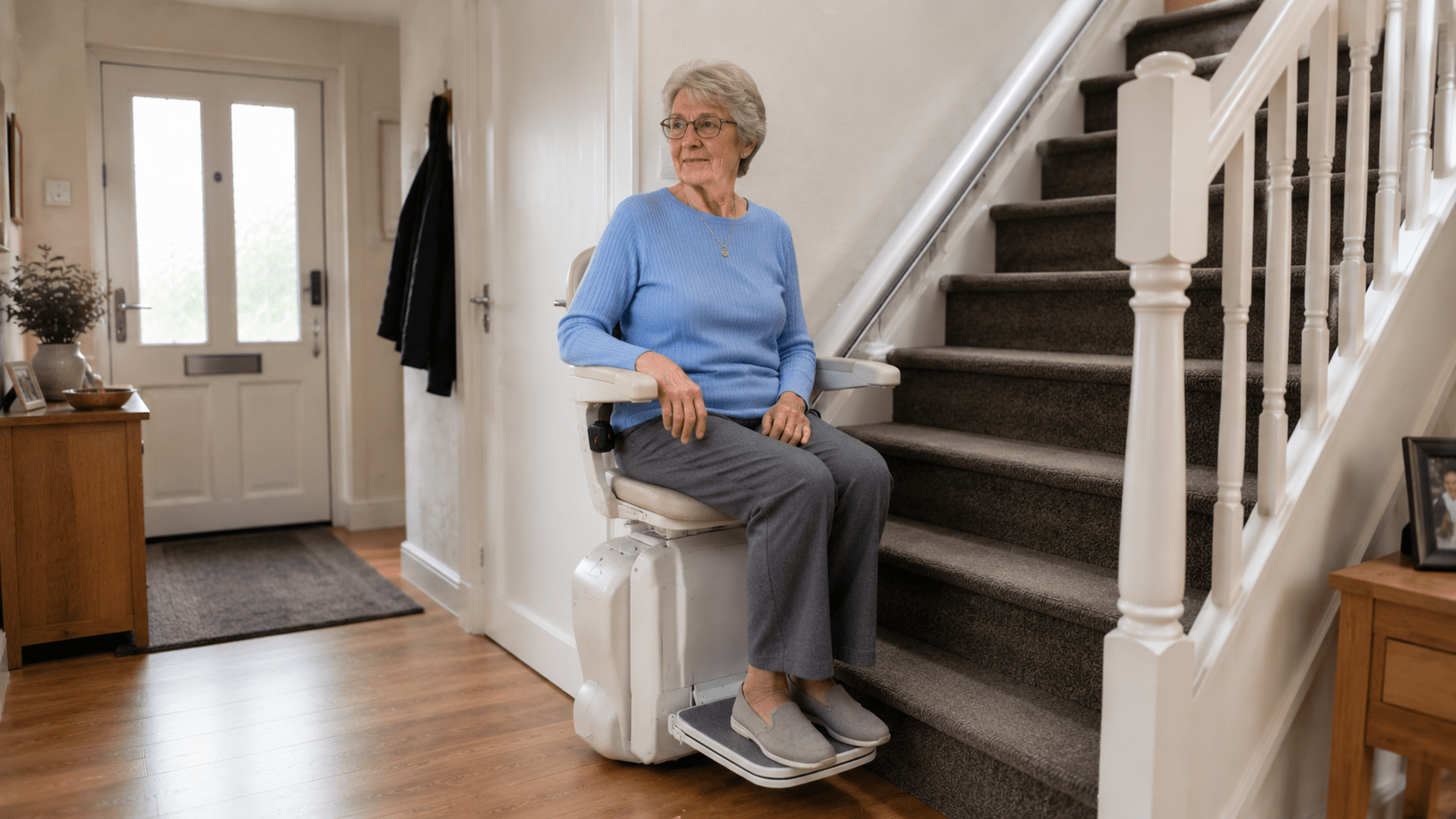 Seniorin auf einem Treppenlift im Eingangsbereich eines Hauses