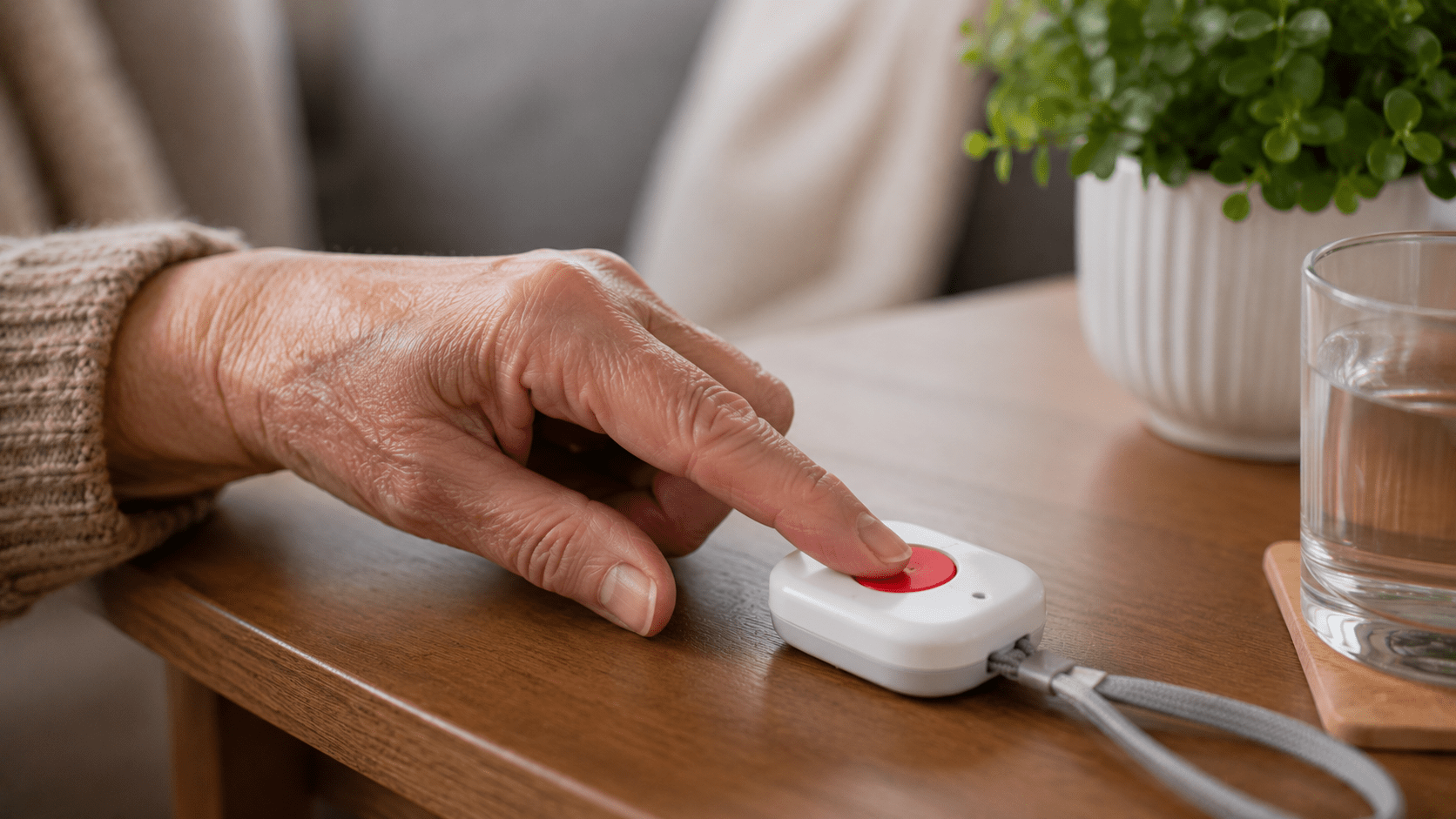 Hand drückt einen roten Notrufknopf auf dem Tisch