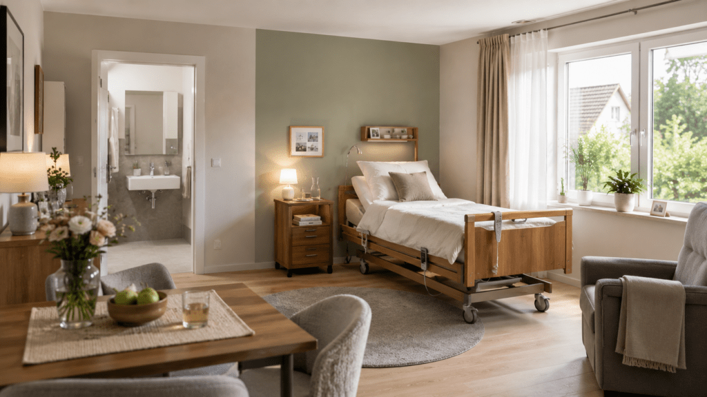 Eingerichtetes Pflegezimmer mit Pflegebett, Sessel und angrenzendem Bad