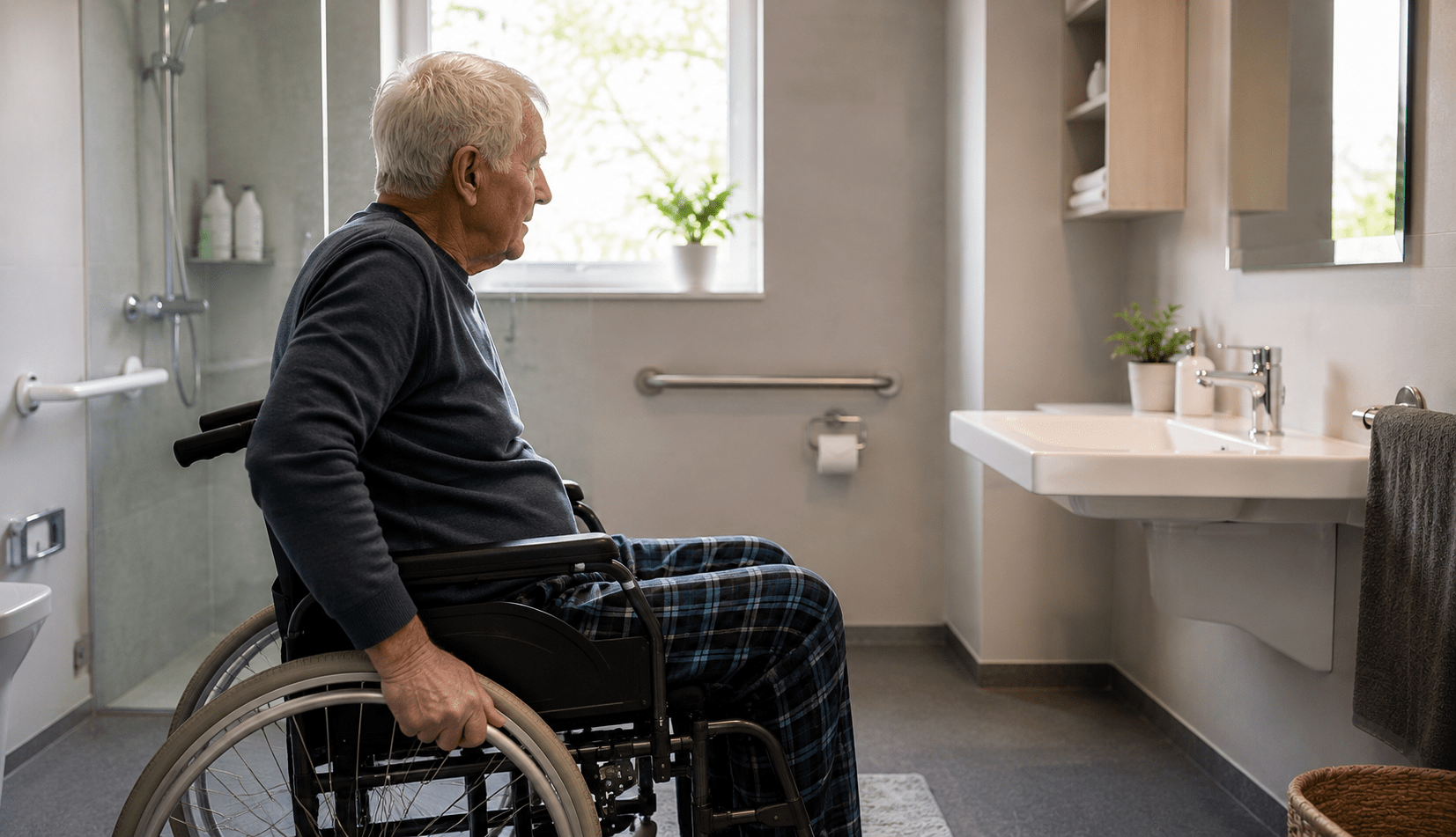 Senior im Rollstuhl in einem barrierefreien Badezimmer mit Haltegriffen