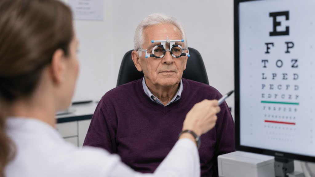 Augenoptikerin prüft mit Messbrille die Sehkraft eines Seniors vor einer Sehtafel