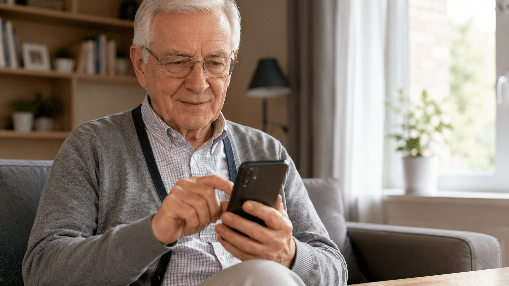 Senior mit Brille nutzt ein Smartphone im Sessel