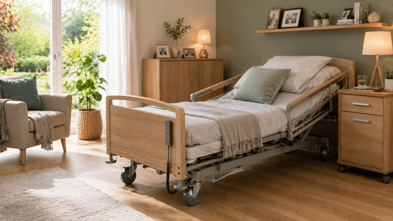 Pflegebett in einem hellen Schlafzimmer