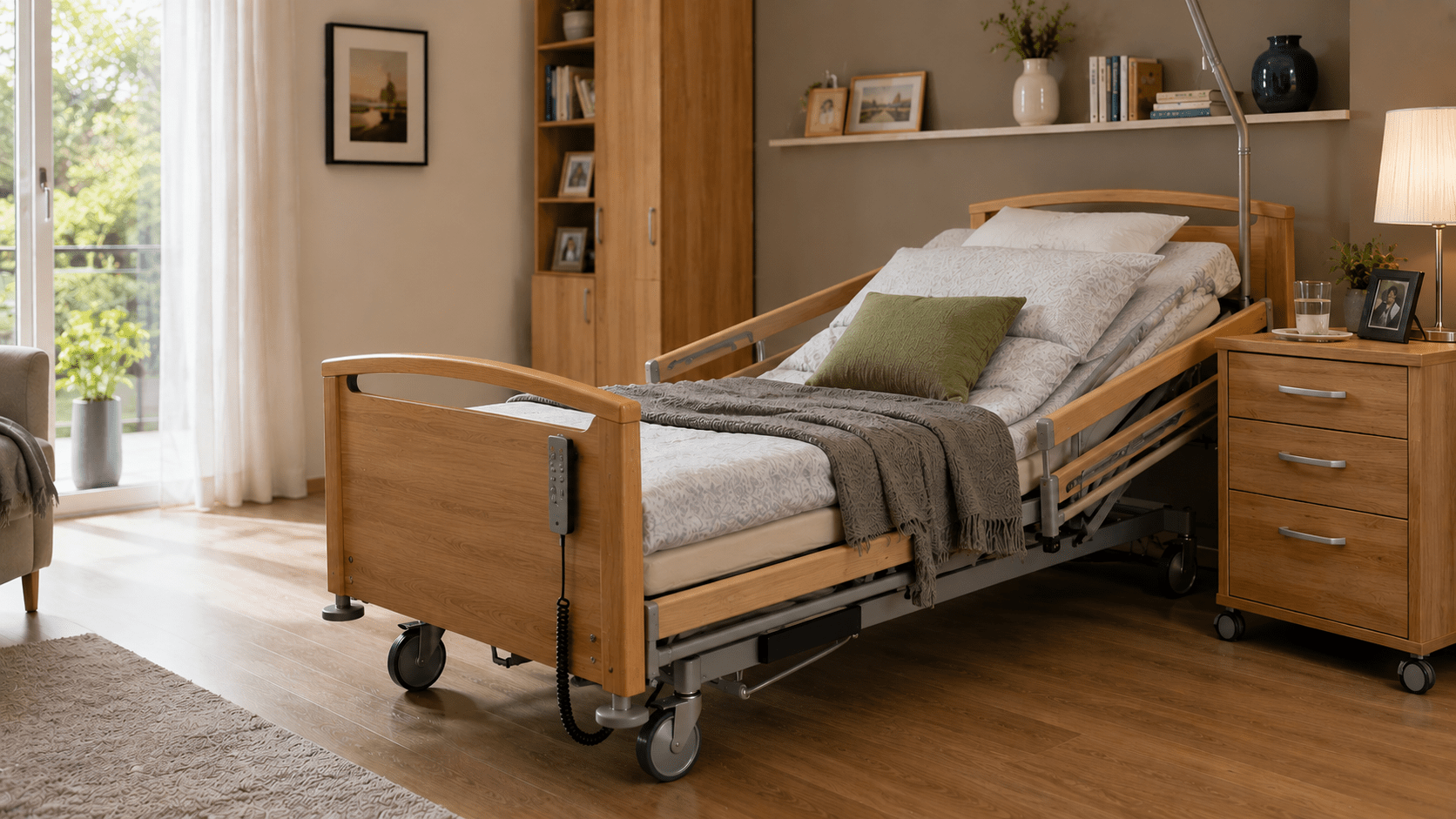 Pflegebett mit Holzverkleidung in einem wohnlich eingerichteten Schlafzimmer