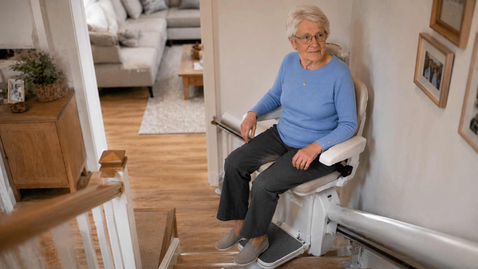 Seniorin fährt mit einem Sitztreppenlift die Treppe hinauf