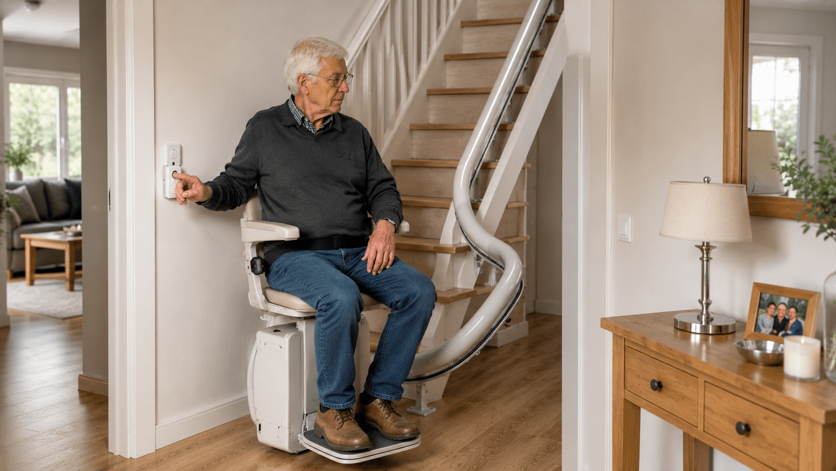 Senior auf einem Kurventreppenlift bedient den Wandschalter