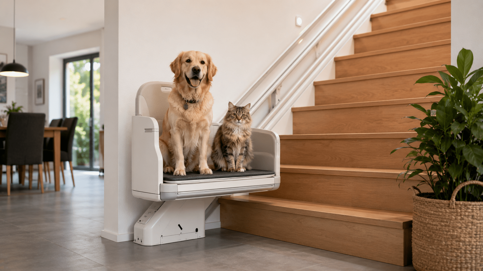 Hund und Katze sitzen gemeinsam auf einem Treppenlift