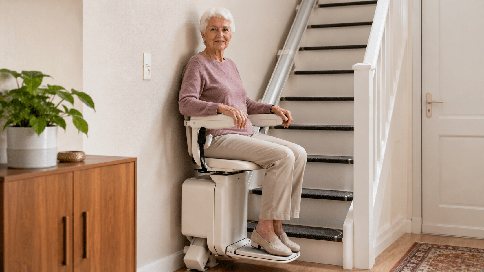 Seniorin sitzt auf einem Treppenlift am Fuß einer Treppe