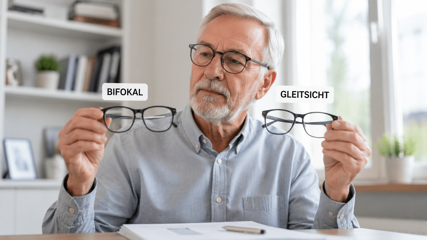 Senior hält zwei Brillen mit den Aufschriften Bifokal und Gleitsicht hoch
