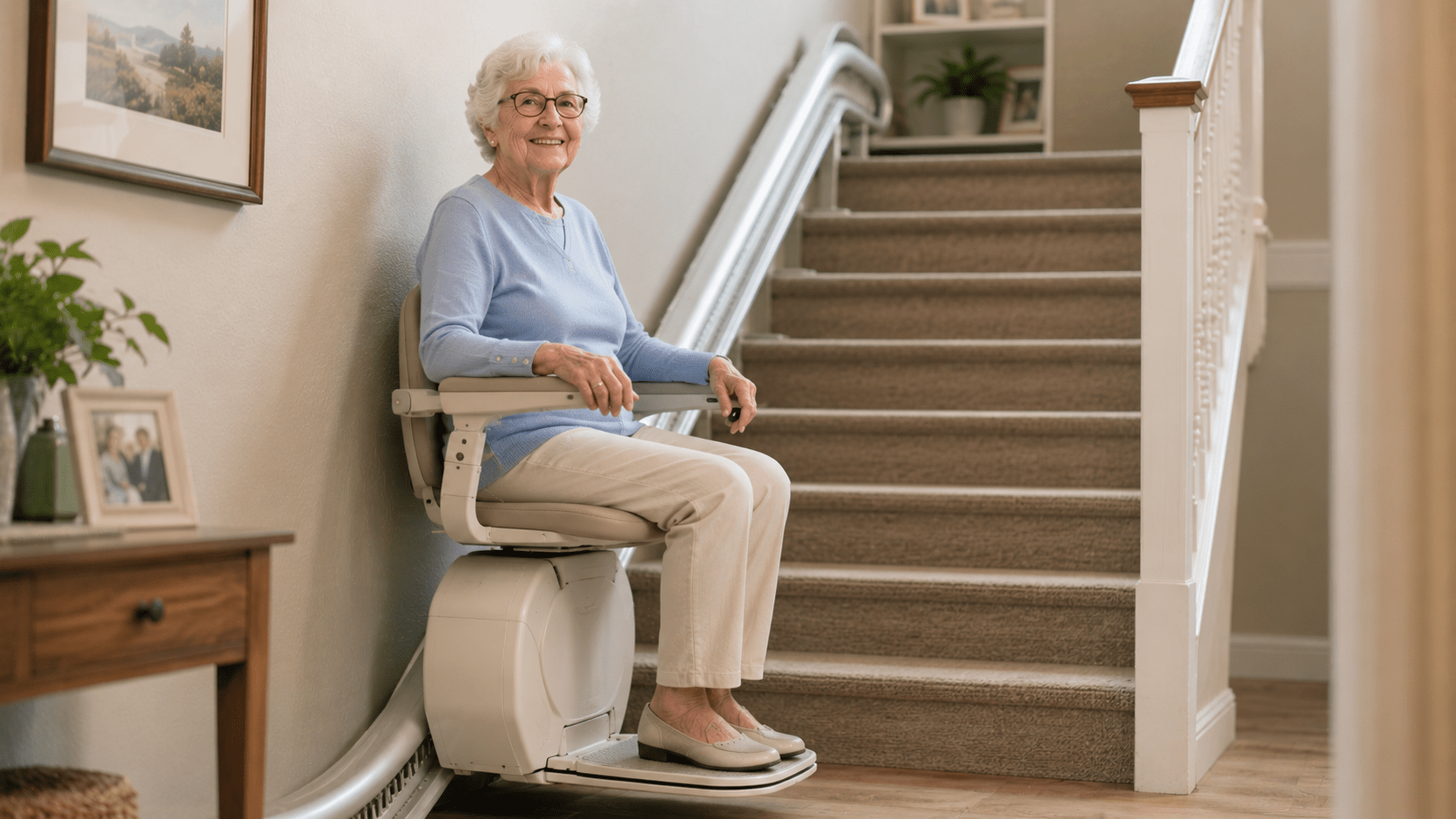 Seniorin auf einem Treppenlift an einer Treppe mit Teppich – Symbolbild zum Treppenlift in Dortmund