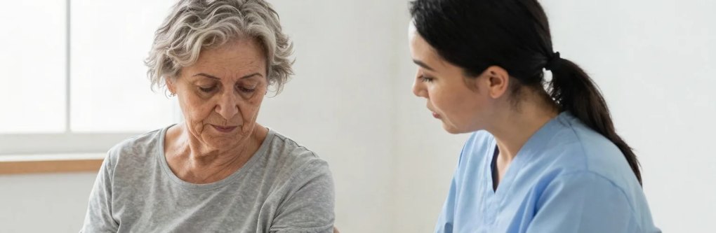 Pflegekraft misst bei einer Seniorin den Blutdruck
