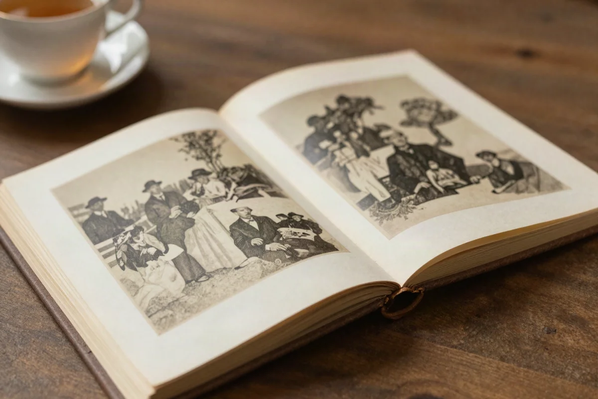 Aufgeschlagenes Fotoalbum auf einem Holztisch neben einer Tasse Tee