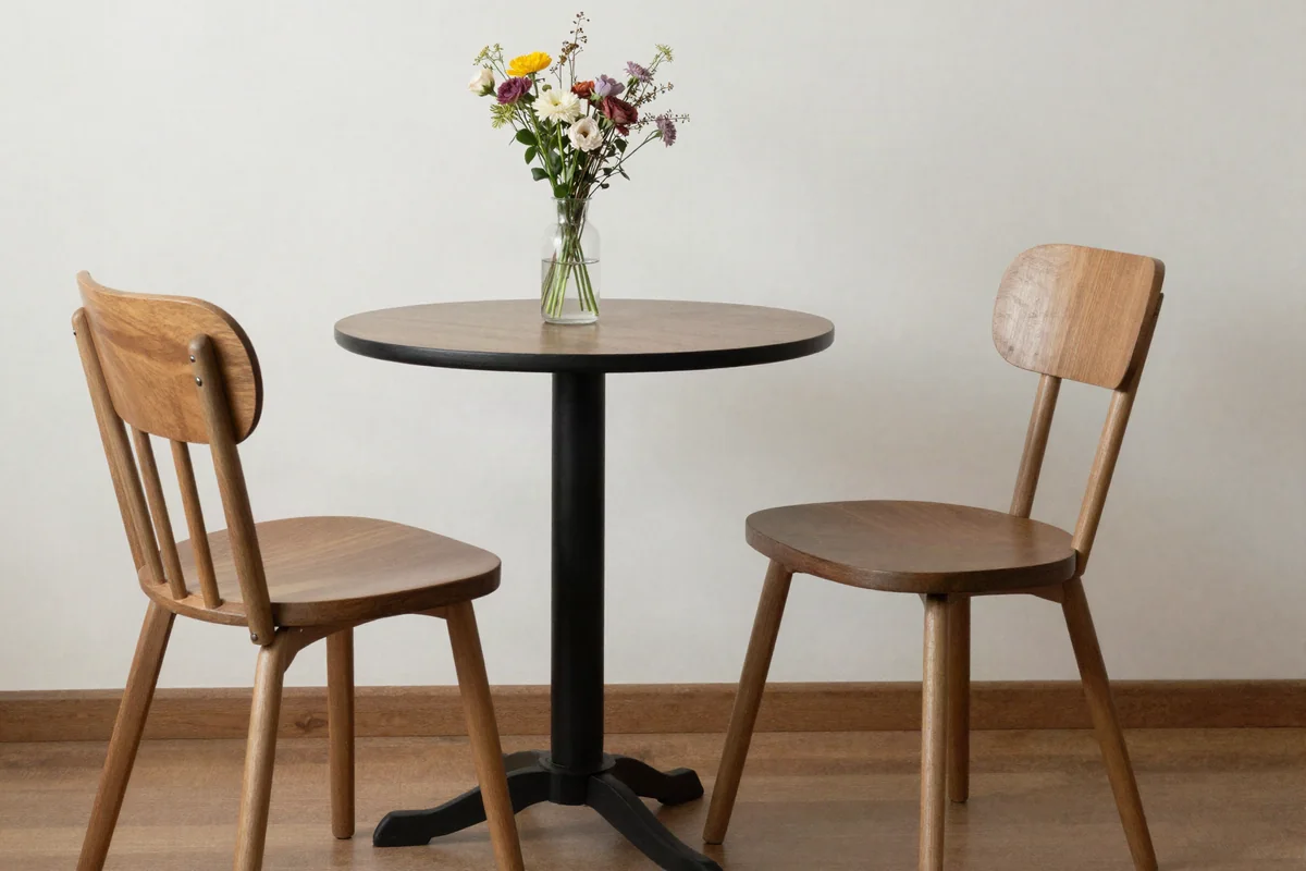 Zwei einander zugewandte Stühle an einem runden Tisch mit Blumenvase