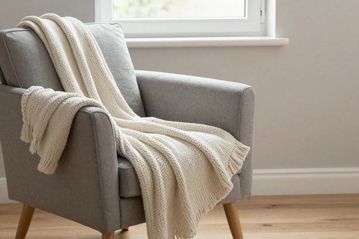 Gemütlicher Sessel mit Strickdecke an einem hellen Fenster