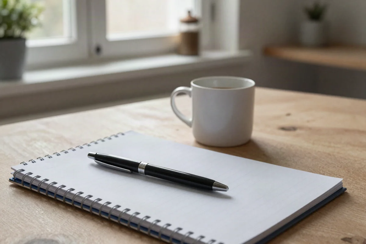 Notizblock, Stift und Tasse auf einem Küchentisch am sonnigen Fenster