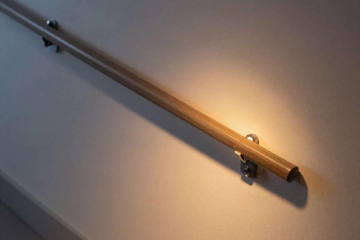 Leuchtendes Nachtlicht in einem Flur mit Handlauf an der Wand