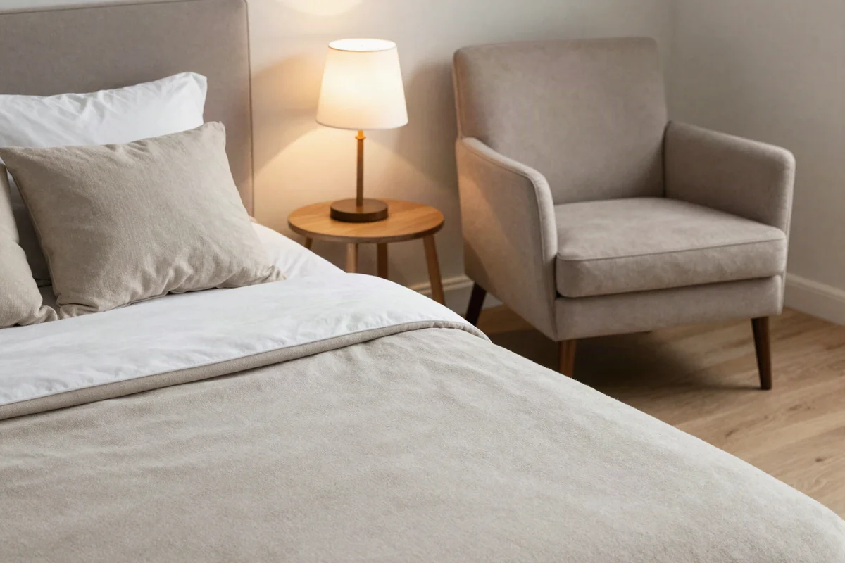 Schlafzimmer mit gemachtem Bett, Nachttischlampe und Sessel