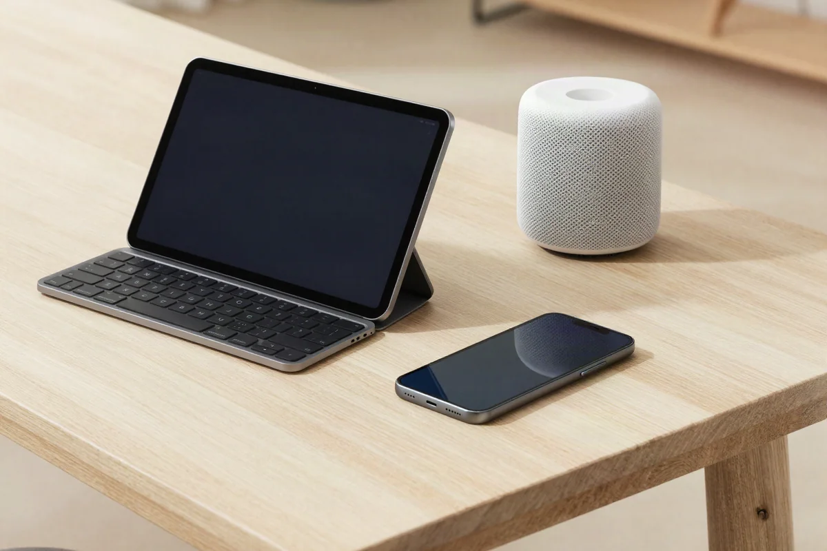 Tablet und Smartphone neben einem kleinen Lautsprecher auf einem Tisch