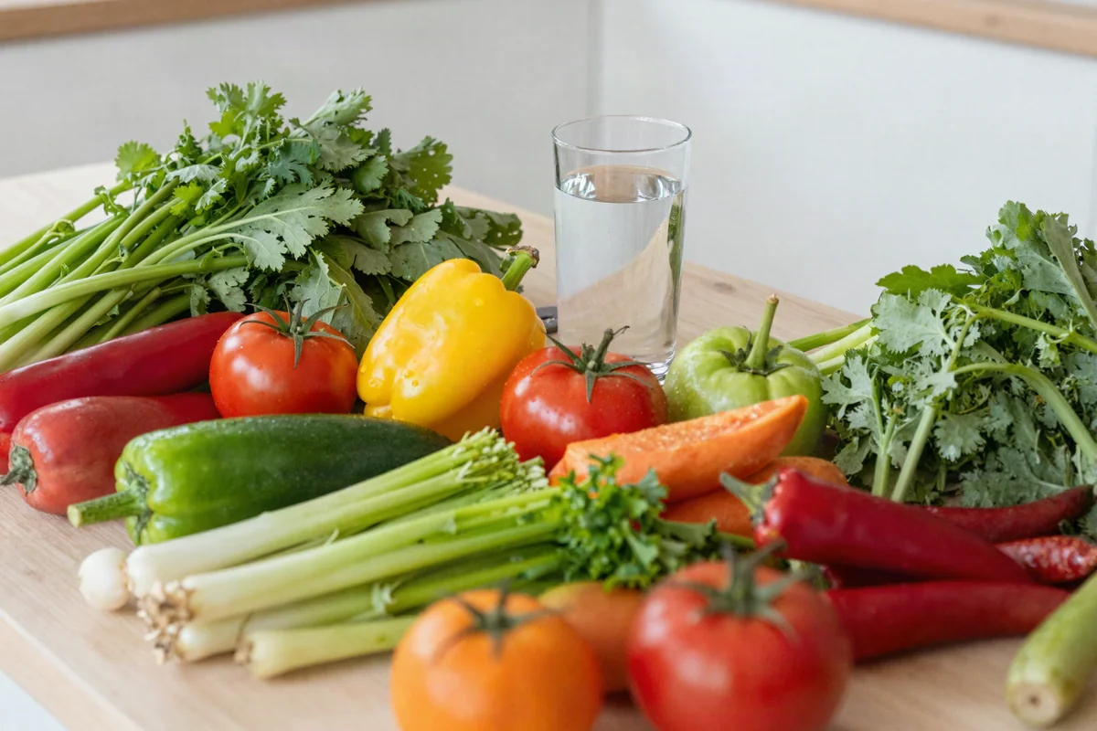 Frisches Gemüse, Obst und ein Glas Wasser auf einer Küchenarbeitsplatte