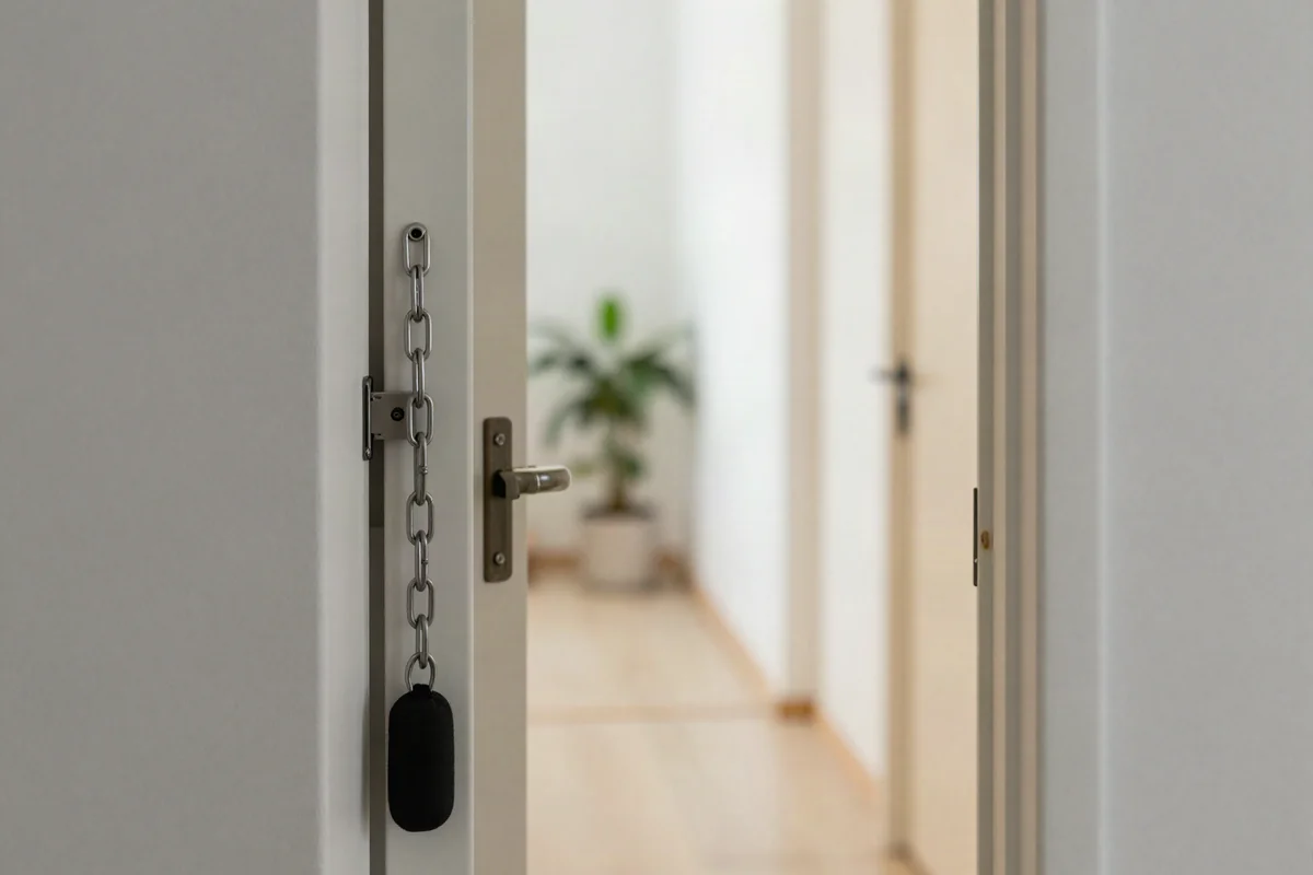 Haustür mit Sicherheitskette und Türspion von innen gesehen