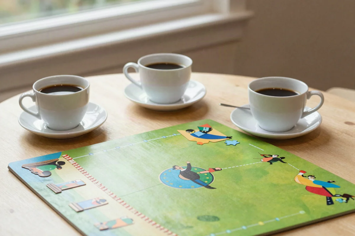 Zwei Kaffeetassen und ein Gesellschaftsspiel auf einem Tisch am Fenster