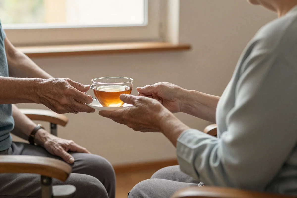 Betreuungskraft reicht einer älteren Person im Wohnzimmer eine Tasse