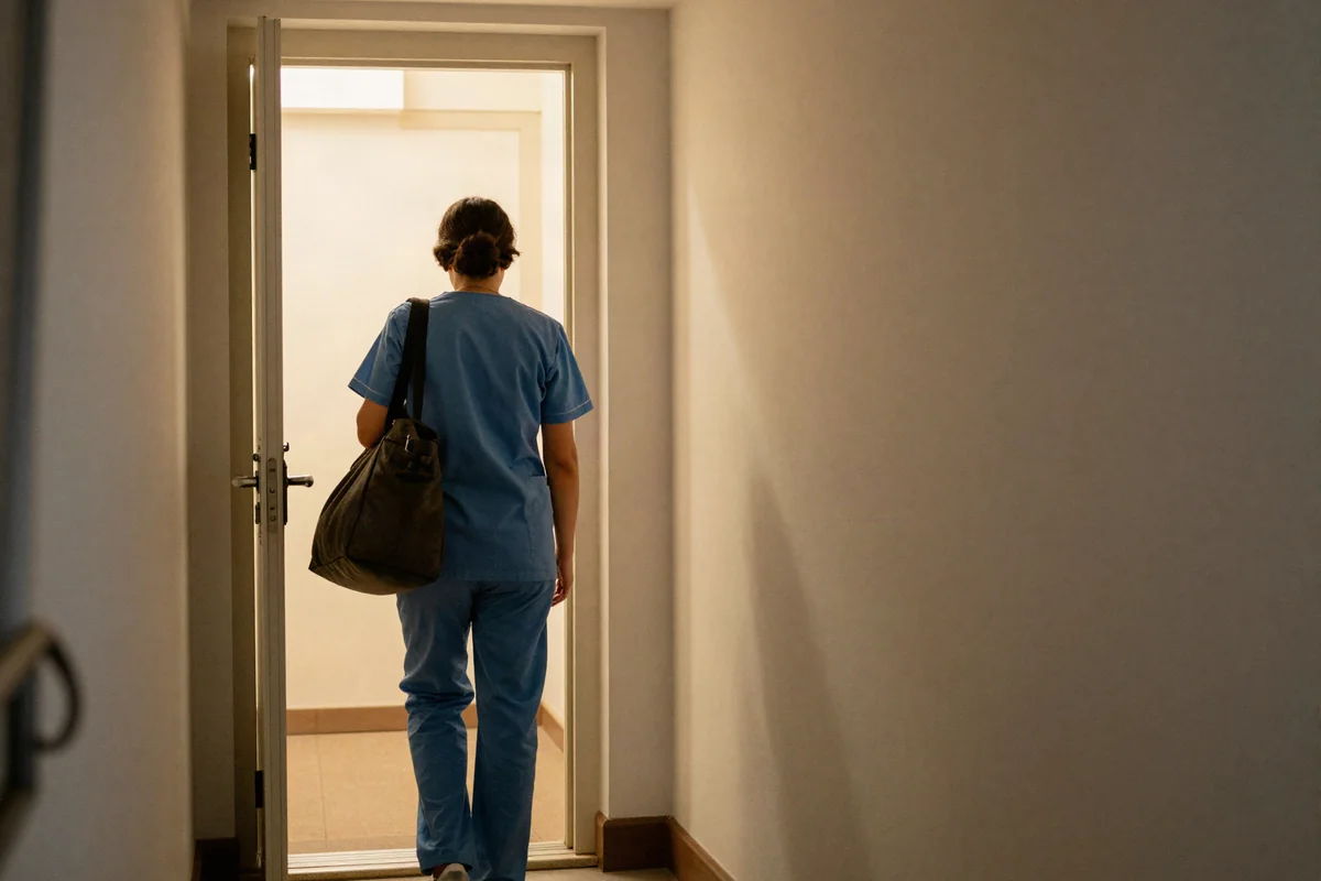 Pflegekraft mit Tasche steht an einer Wohnungstür im Treppenhaus