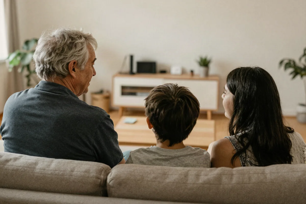 Drei Generationen einer Familie sitzen zusammen im hellen Wohnzimmer