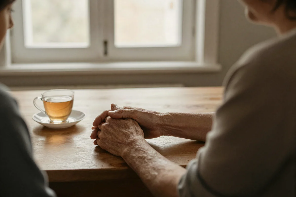 Erwachsene Tochter hält die Hand ihrer Mutter über dem Küchentisch