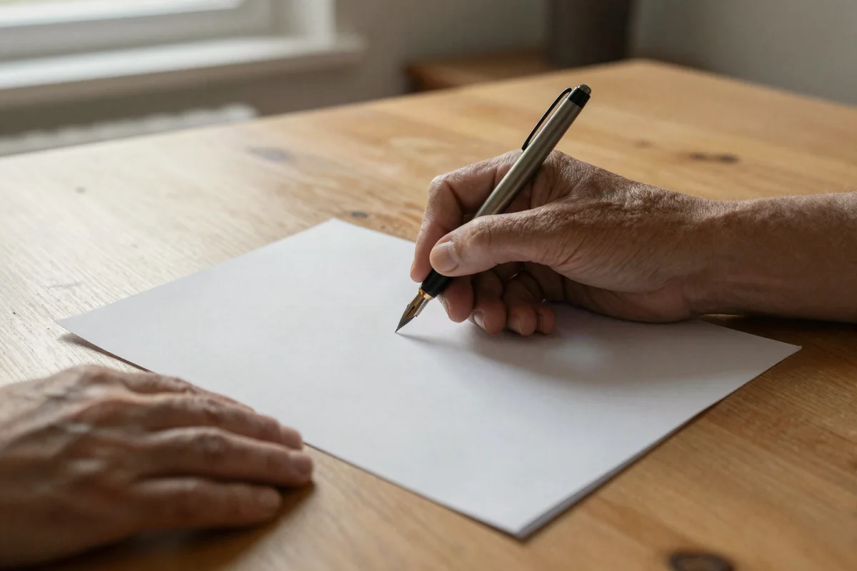 Ältere Hand unterschreibt am Tisch, eine zweite Hand liegt unterstützend daneben
